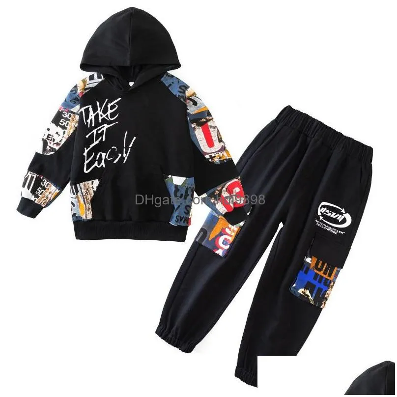 clothing sets 2021 hip hop boy anime suit teenager children korean graffiti hooded cotton sweater add pants 5 6 7 8 9 10 11 12 year