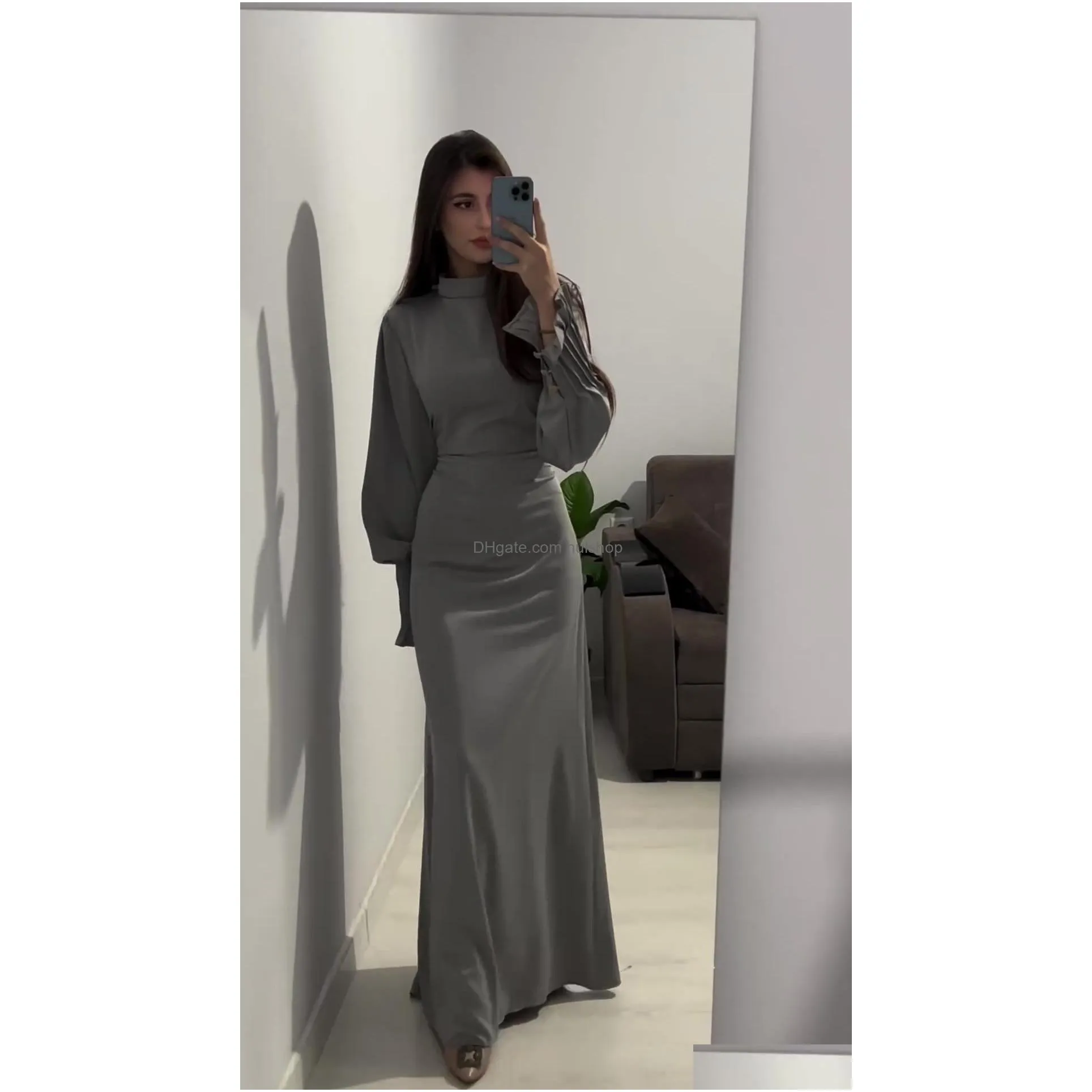 2024 arrivals simple women party dress fashion solid pleated long sleeves high neck elegant lady maxi dresses