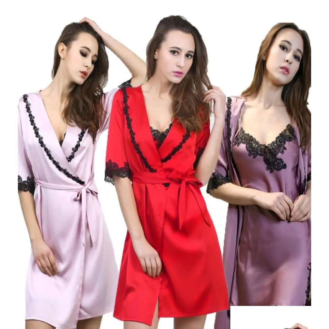 Sexy Women Nightgown Lingerie Gowns Robes Silk Lace Pajamas Kimono Bathrobe Dressing Gown Sets Sleepwear Night dress Designs