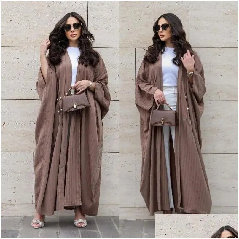 Ethnic Clothing High Quality Open Front Abaya Women Muslim Coffee Solid Color Cardigan Robe Dubai Casual Arab Kaftan