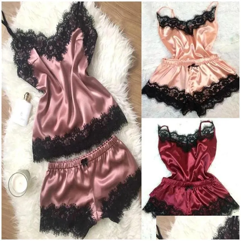 Women`s Sleepwear 1 Set Of Sexy Pajamas Sleeveless Camisole Pyjamas Lace-trimmed Satin Pyjama