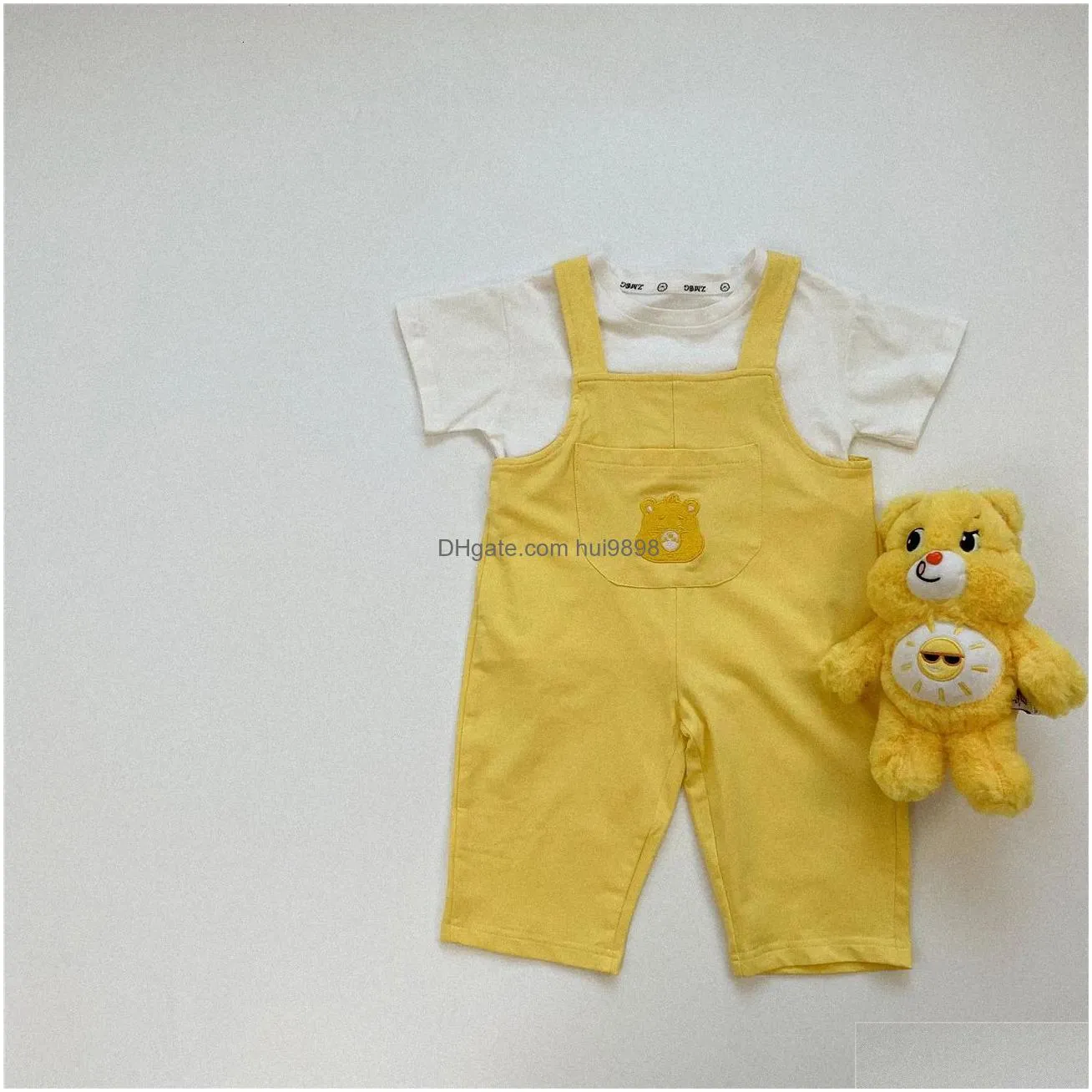 korean 2024 spring summer children girl strappy pant cotton cartoon bear young kid short solid pocket toddler overalls 240307