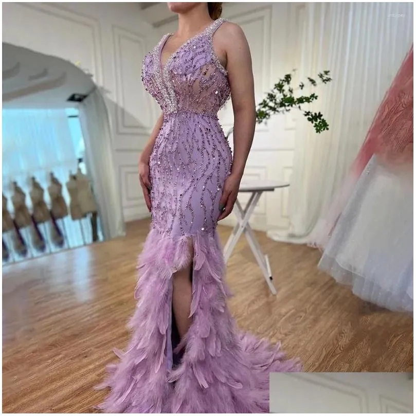 Party Dresses Serene Hill Pink Mermaid Sexy High Split V Neck Evening Feather Beaded Gowns Long 2024 For Women Wedding GLA72152