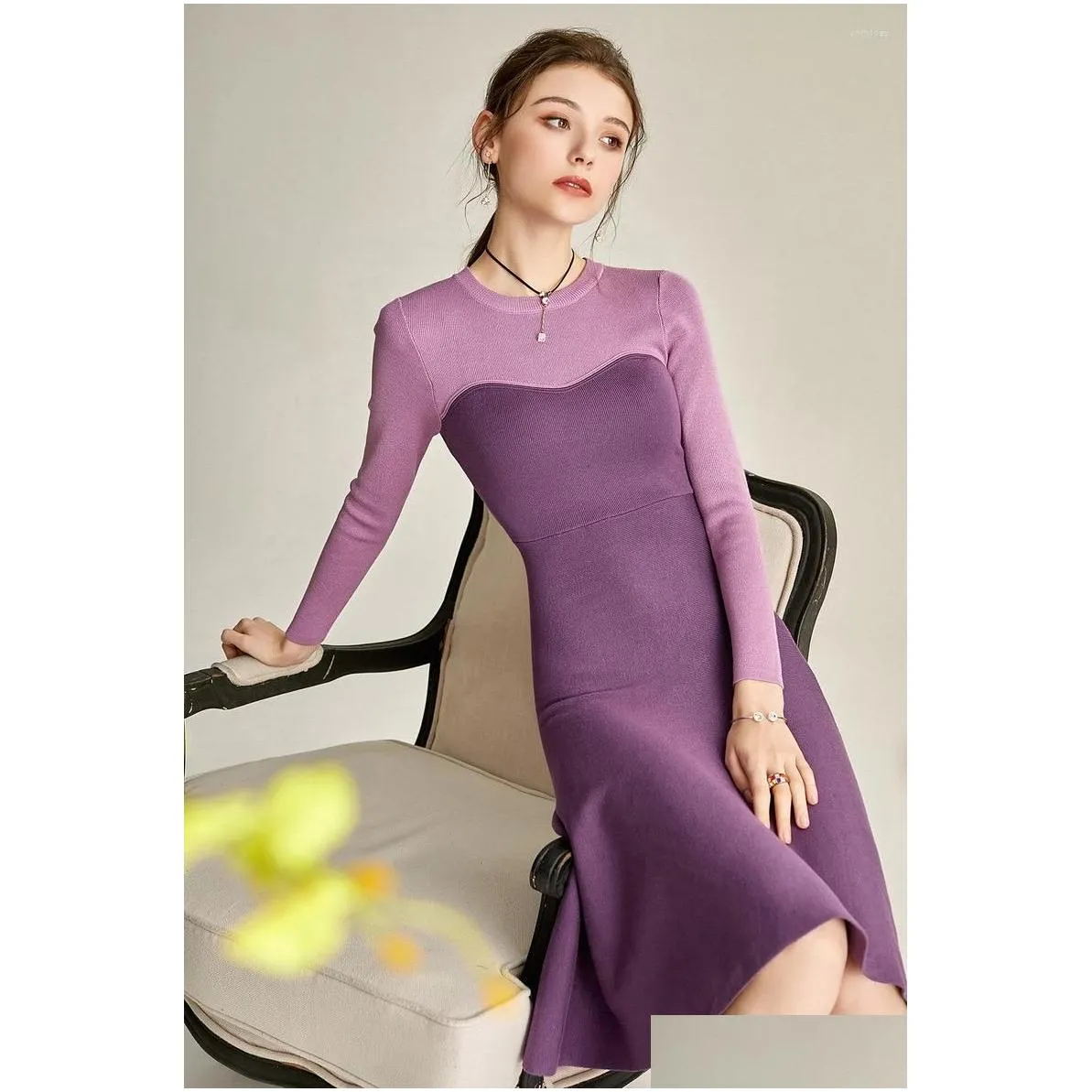 Casual Dresses ZALady-Knitted Midi Dress For Women O-Neck Long Sleeve Slim Elegant Office Female Robe Autumn Spring