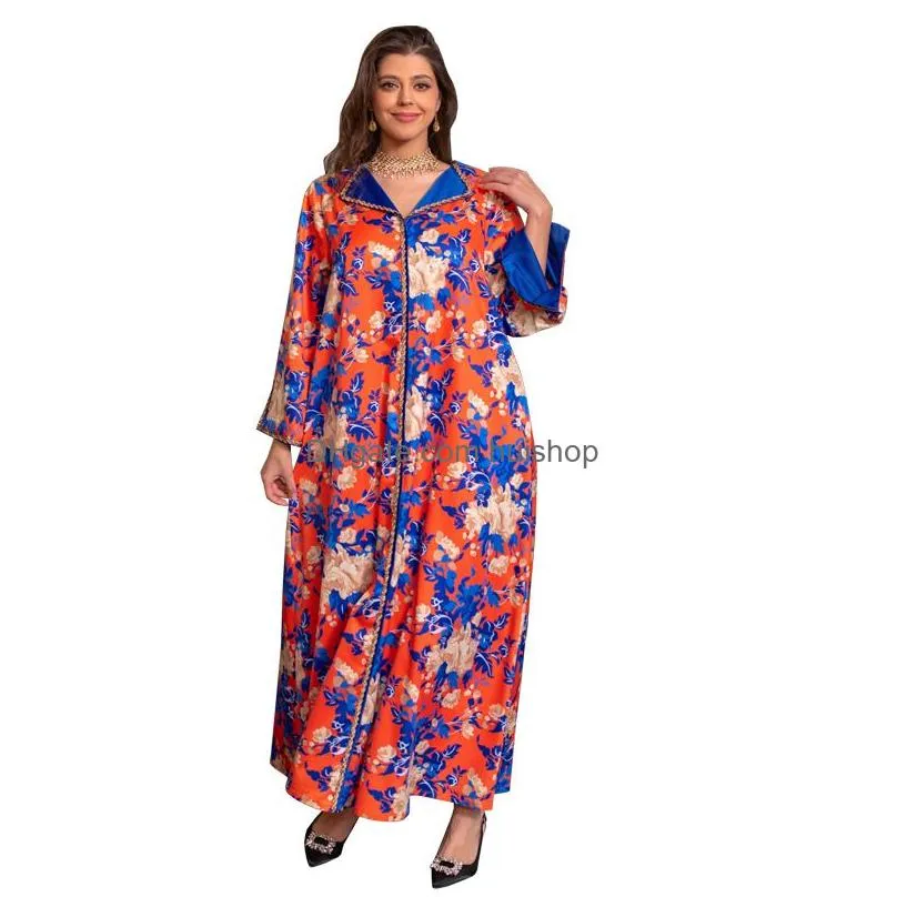 2024 fashion womens clothing muslim abaya satin printing middle east light luxury diamonds evening dress arabic robe kaftan robe