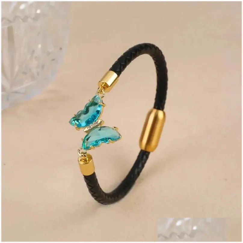 Charm Bracelets 19 Color Simple Hip Hop Crystal Butterfly Black Leather Rope Bracelet Classic Stainless Steel Magnetic Clasp Jewelry