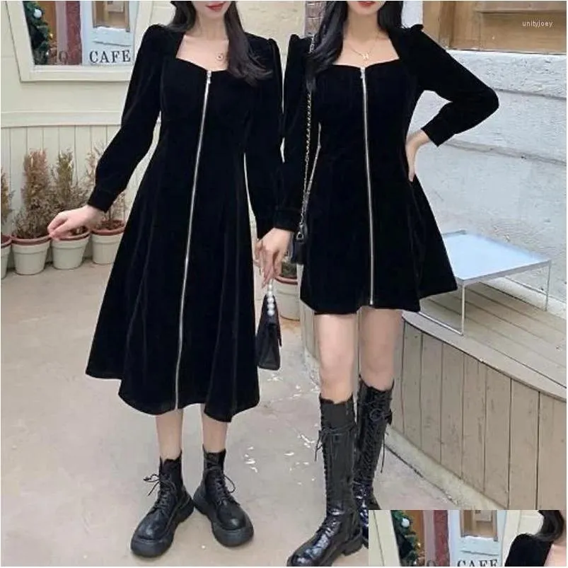 Casual Dresses 2023 Spring And Autumn Fashion Simple Playful Hepburn Style Square Neck Panel Zipper Bubble Sleeve Waist Shrink Dress