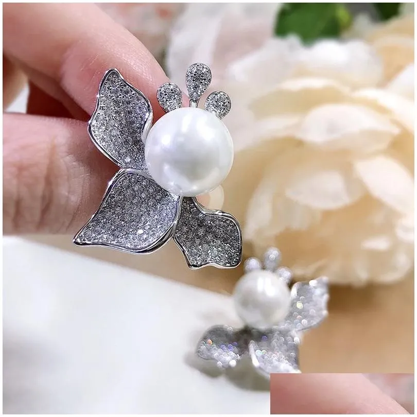 Flower Pearl Diamond Stud Earring 100% Real Sterling Sier Promise Wedding Earrings for Women Bridal Party Jewelry Gift