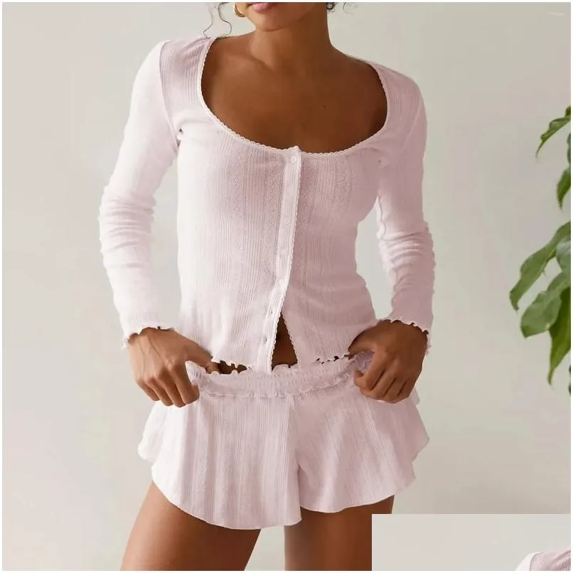 Women`s Sleepwear Women Fairy Grunge Two Piece Pajama Sets Solid Lace Trim Round Neck Long Sleeve Button Crop Tops T-shirts Shorts