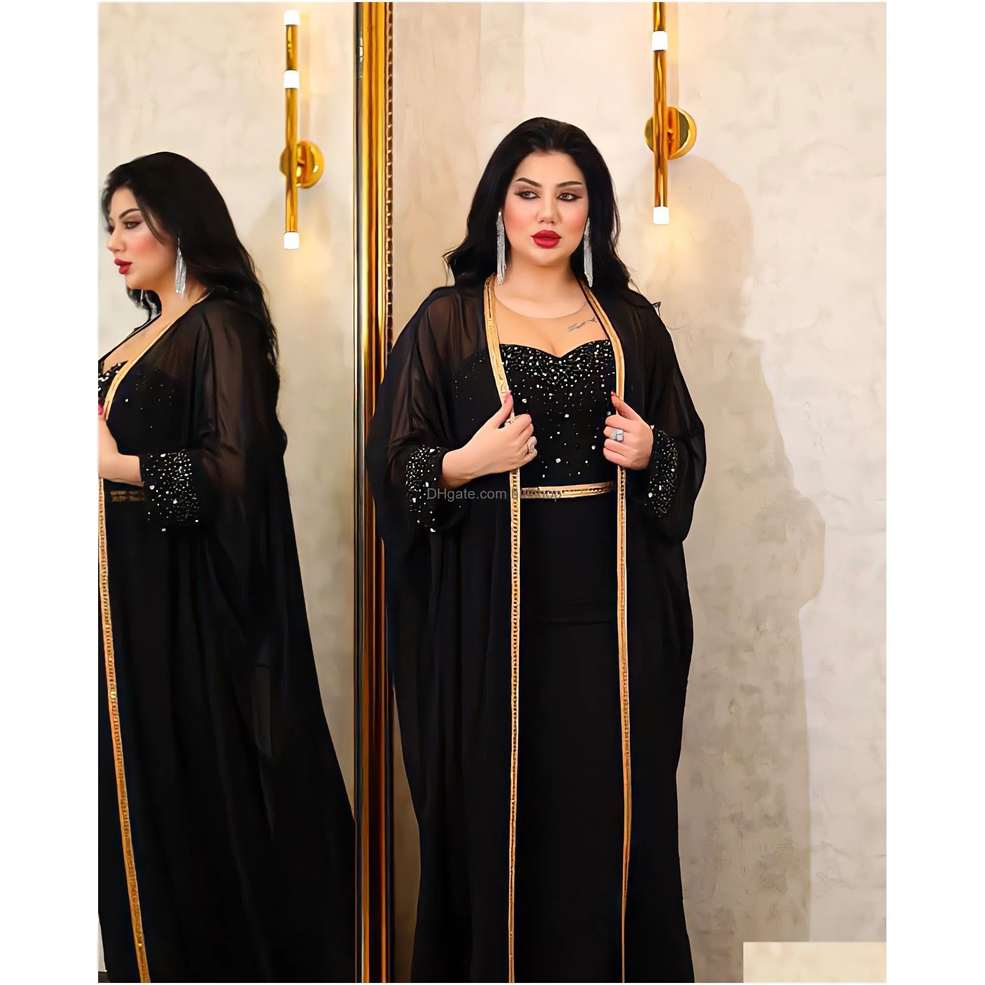 middle east muslim abaya woman diamond light luxury beading two-piece dresses with cardigan elegant evening dress ramadan dress