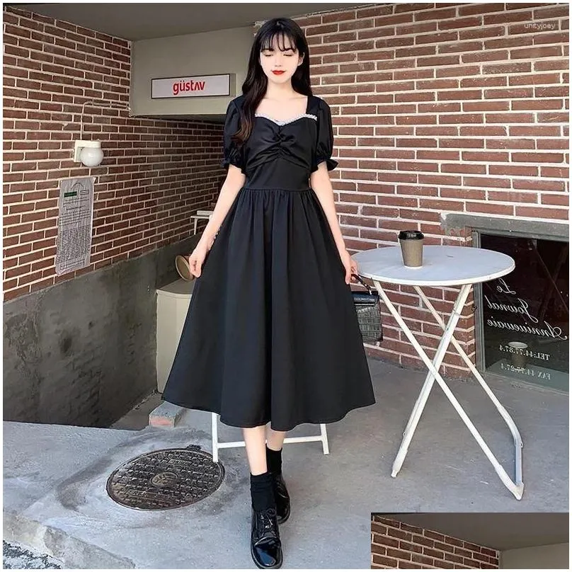 Party Dresses Black Evening Dress Women`s Summer Retro Puff Sleeve Female Fashion Slim Korean Diamond Bohemian Long 4XL