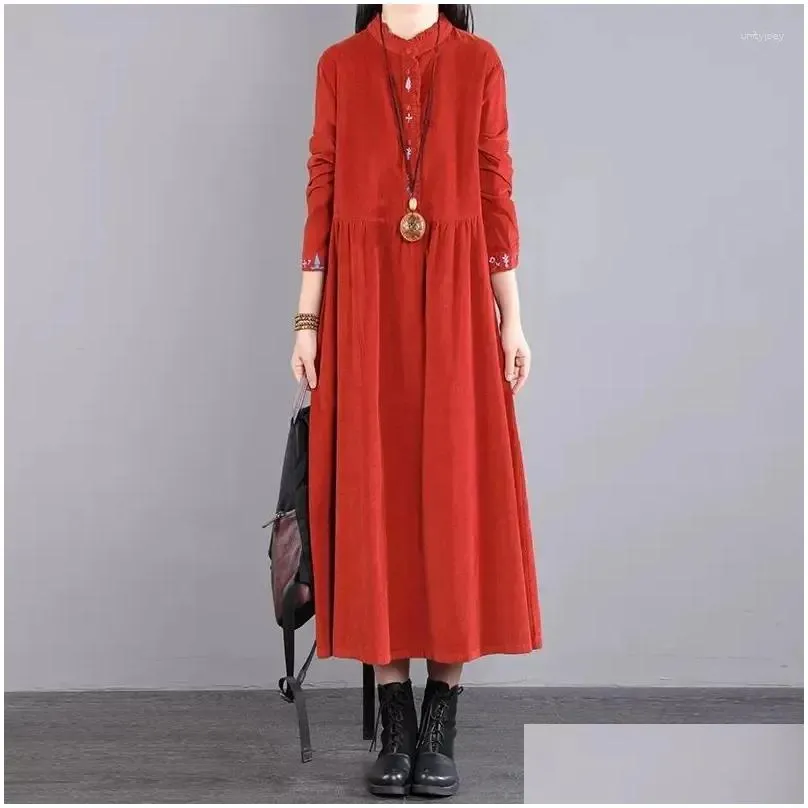 Casual Dresses Corduroy Autumn Winter Dress Elegant 2023 Women`s Long Loose O-Neck Sleeve Fashion Embroidery Vintage Vestido