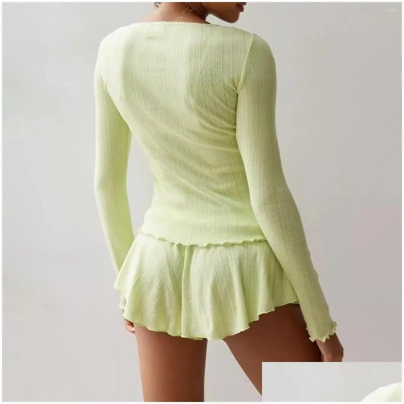 Women`s Sleepwear Women Fairy Grunge Two Piece Pajama Sets Solid Lace Trim Round Neck Long Sleeve Button Crop Tops T-shirts Shorts