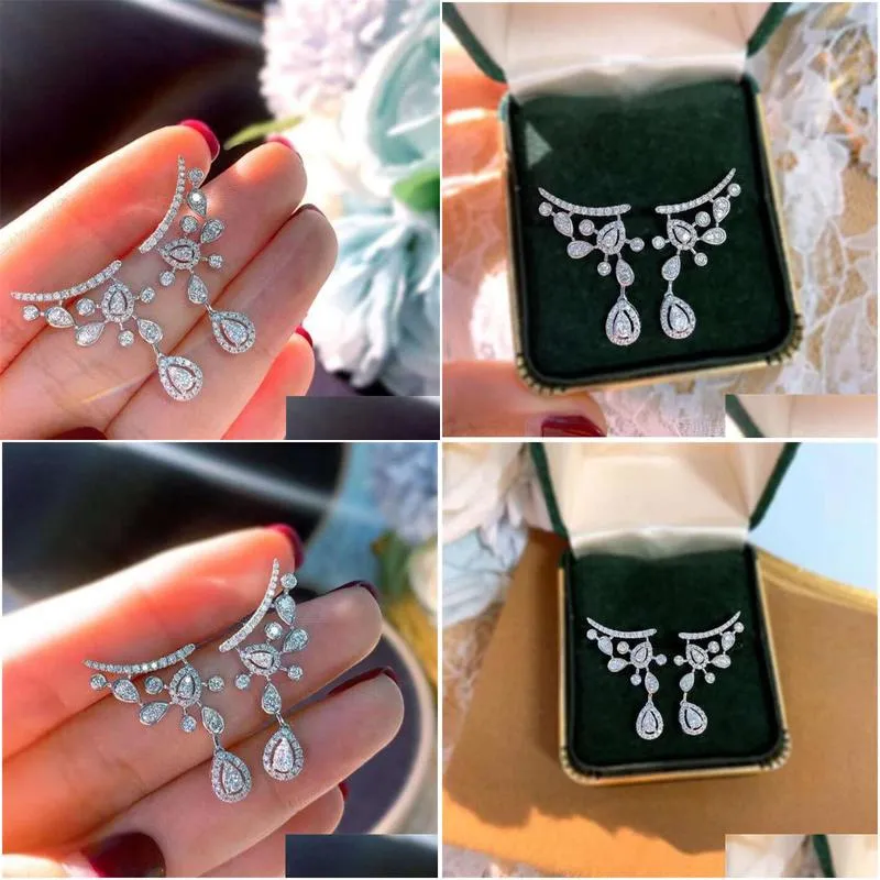 2021 Ins Top Sell Dangle Earrings Jewelry Sterling Sier Pear Cut White Topaz CZ Diamond Gemstones Women Party Eternity Bridal Drop Earring