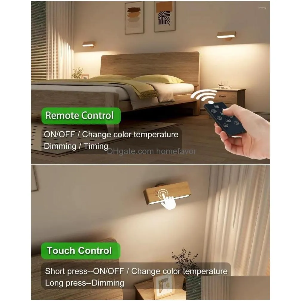wall lamp wood remote control 3 tone cordless mount light for reading 360 rotation sconce magnetic bedroom