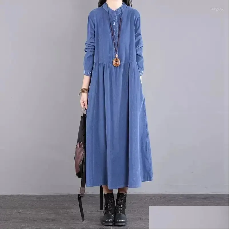 Casual Dresses Corduroy Autumn Winter Dress Elegant 2023 Women`s Long Loose O-Neck Sleeve Fashion Embroidery Vintage Vestido