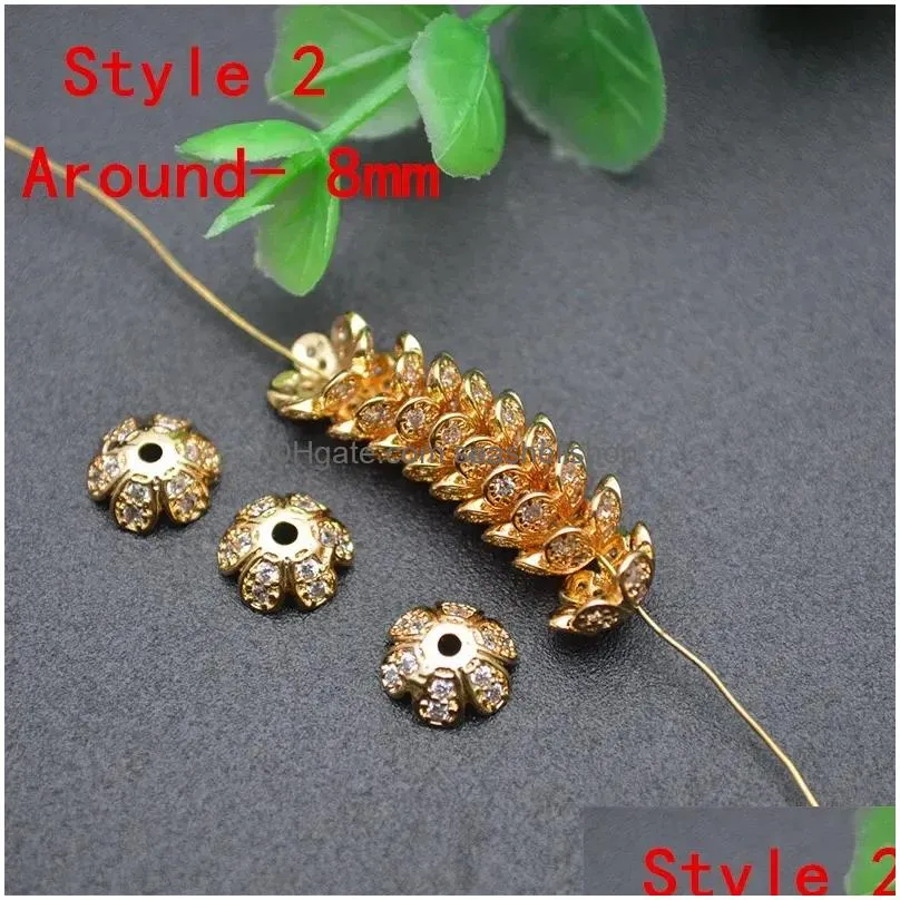 Beads 8mm 10mm Nickelfree Spacer Beads CZ Paved Flower Shape Bead Cap Gold Color DIY Jewelry Bracelet Making Accessories 50pc/ Lot