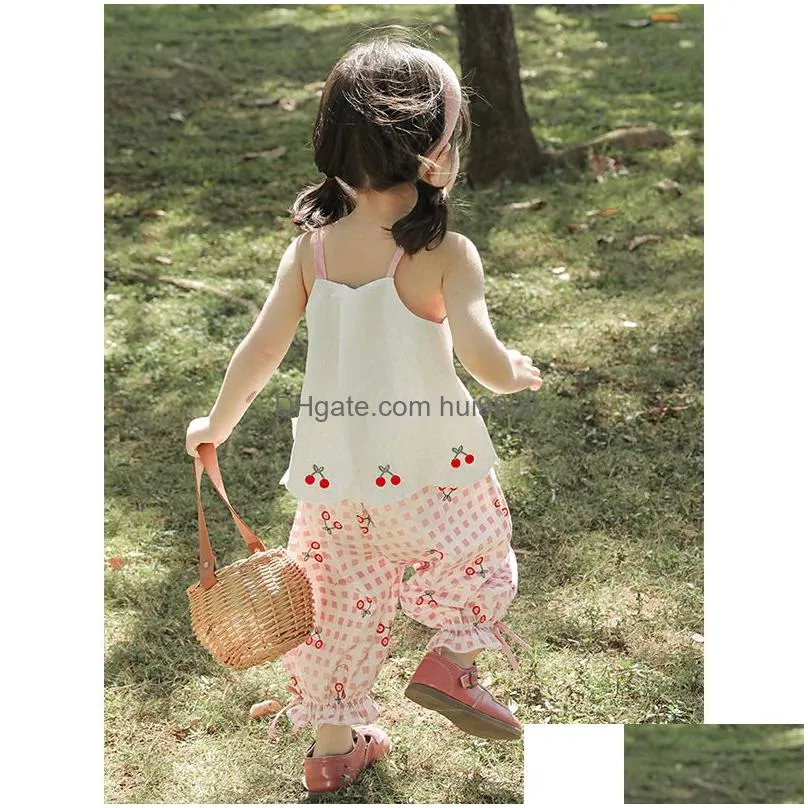 clothing sets girls fashion pants cherry suspender baby doll shirt top summer childrens casual 230630