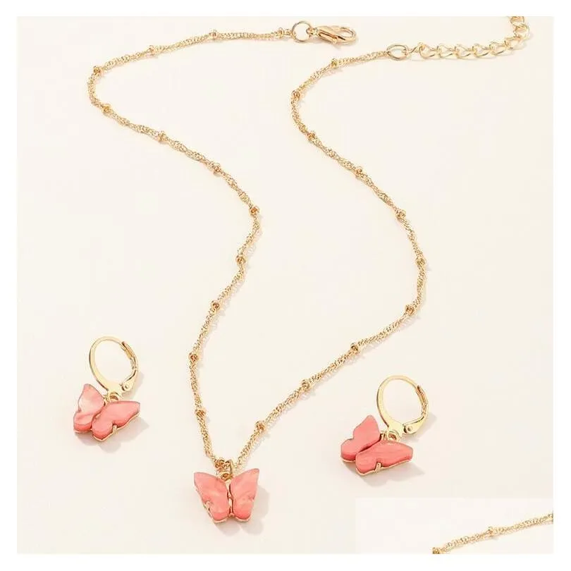 NEW Butterfly Pendant Necklaces And Earrings Set For Women Girls Fashion Pink Gold Necklace Elegant Choker Sweet Jewelry Gift Epacket