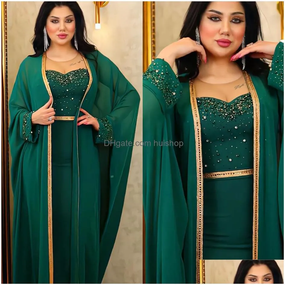 middle east muslim abaya woman diamond light luxury beading two-piece dresses with cardigan elegant evening dress ramadan dress