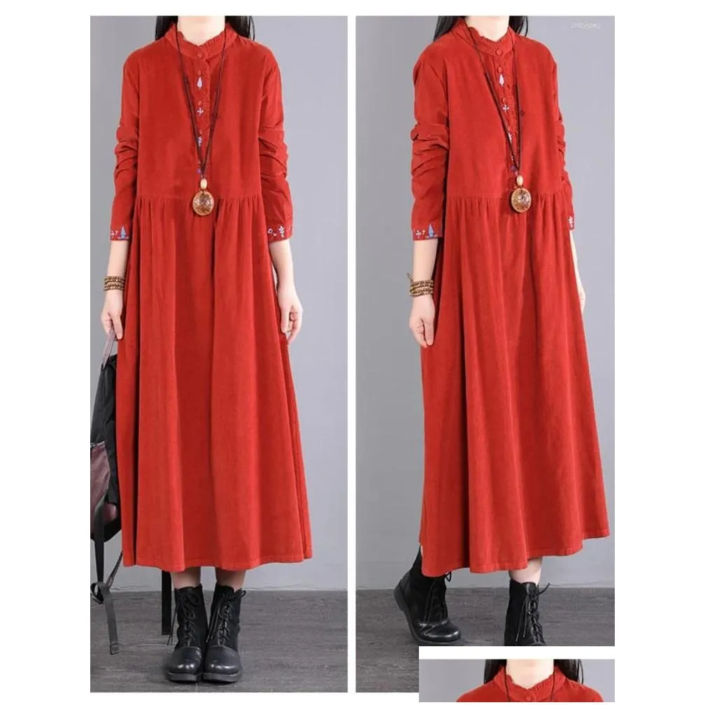 Casual Dresses Corduroy Autumn Winter Dress Elegant 2023 Women`s Long Loose O-Neck Sleeve Fashion Embroidery Vintage Vestido