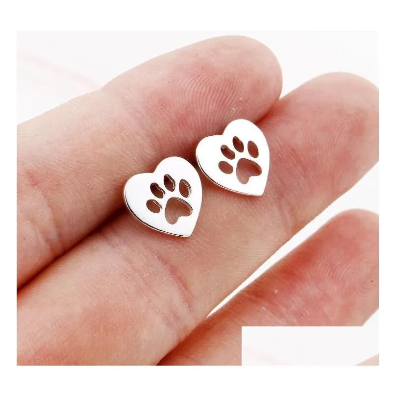 Dog Paw Stud Earrings Jewelry Women Plated Gold Hollowing Out Love Heart Footprint Ear Studs Valentines Day Gift