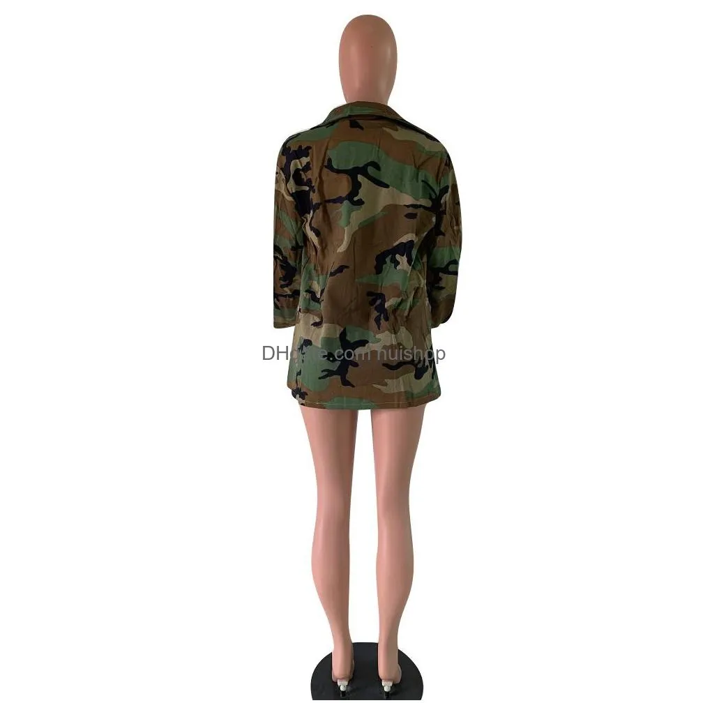 spring autumn green camouflage printed long sleeve jackets for girls women turn down neck single buttonts pockets long coats streetwear