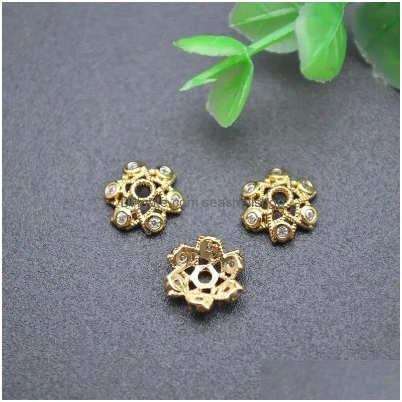 Beads 8mm 10mm Nickelfree Spacer Beads CZ Paved Flower Shape Bead Cap Gold Color DIY Jewelry Bracelet Making Accessories 50pc/ Lot