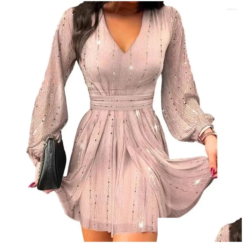 Casual Dresses Waist-cinching Party Attire Elegant V Neck Lantern Sleeve A-line Mini Dress For Women Solid Color Tight Waist Pleated
