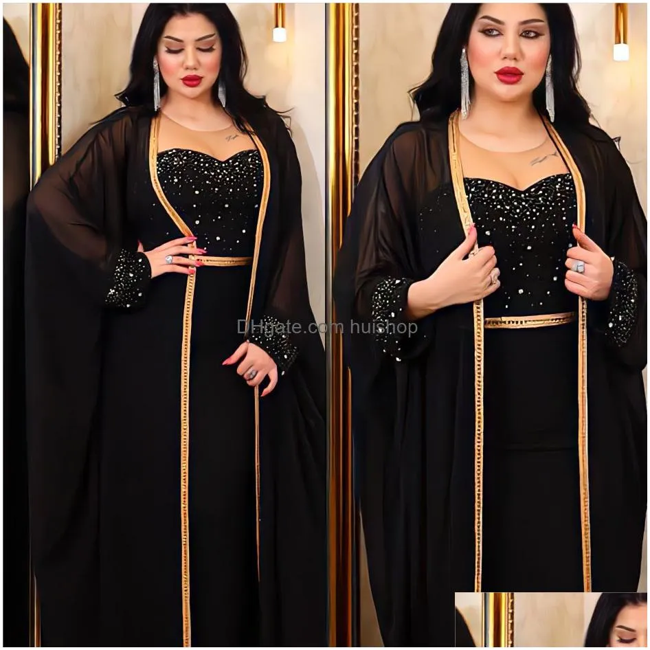 middle east muslim abaya woman diamond light luxury beading two-piece dresses with cardigan elegant evening dress ramadan dress