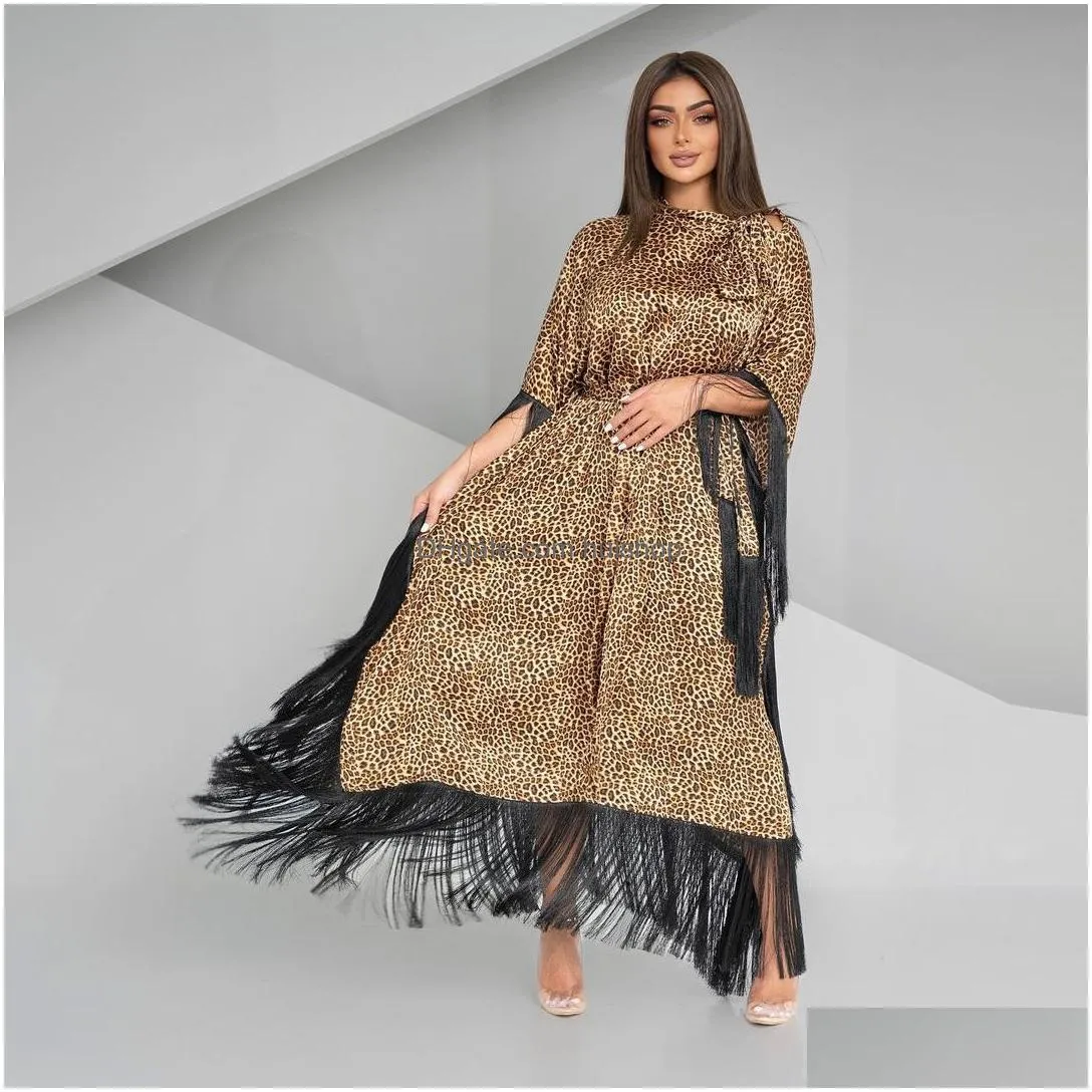 modern women fashion evening dress bat sleeves tassels kaftan leopard print party dresses elegant arabic dubai robe with belt abaya