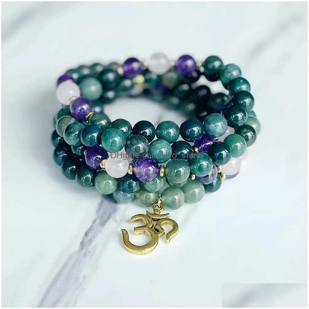 mg2030 design moss agate amethyst rose quartz 108 mala om charm womens yogi bracelet meditation balance jewelry