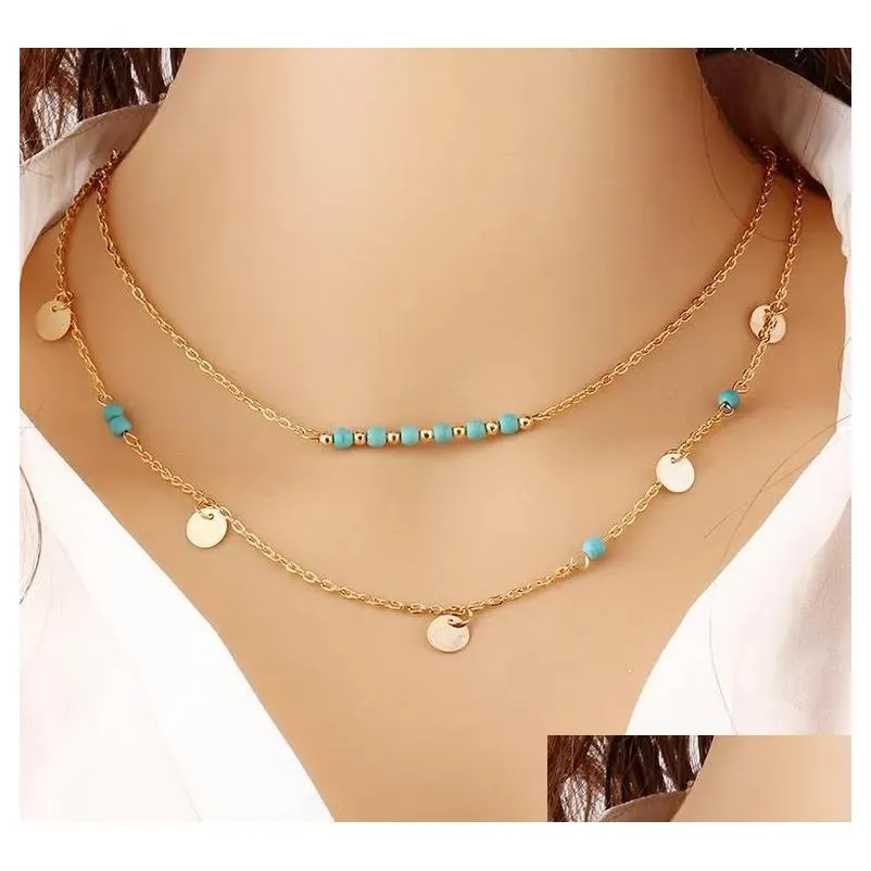 String Tassel Bar Multilayer Necklace Vintage Boho Turquoise Beads Pendants Long Charms Chains Necklaces