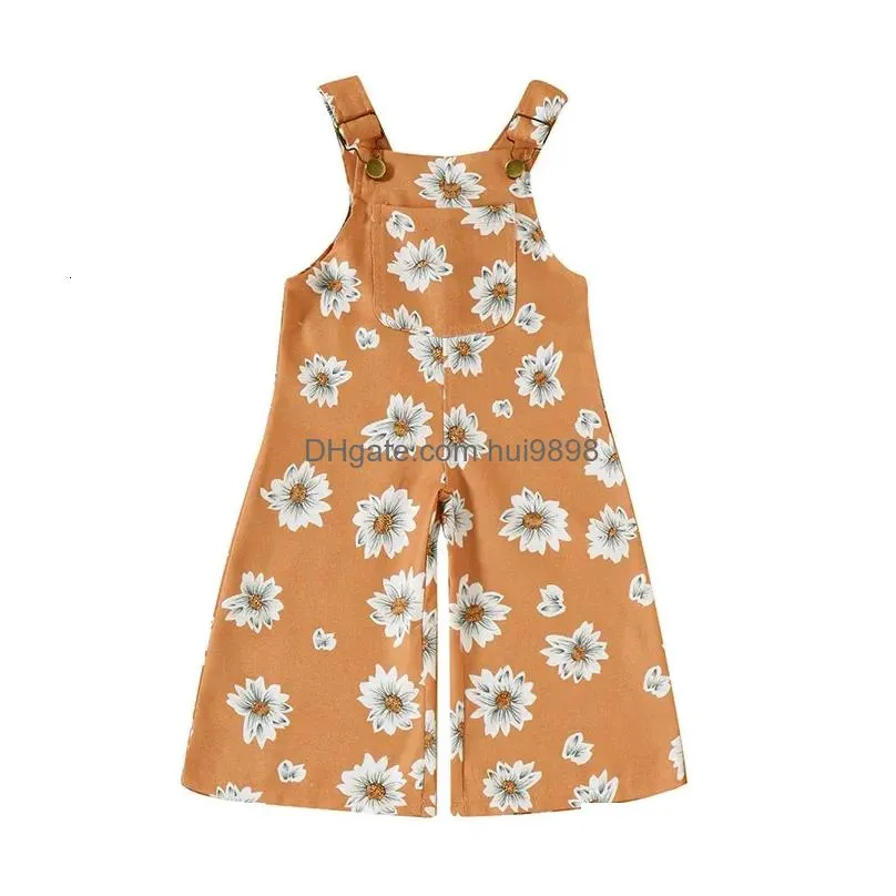 fashion summer children kids girls jumpsuits 15years sun flower print sleeveless button pocket suspender pants clothes 240307