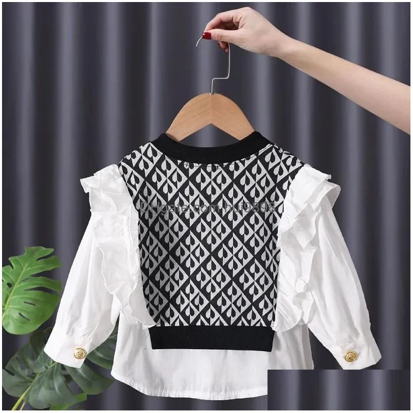 2023 spring and autumn children shirts kids girls blouse sweater stitching fake twopiece set baby cute white 240307