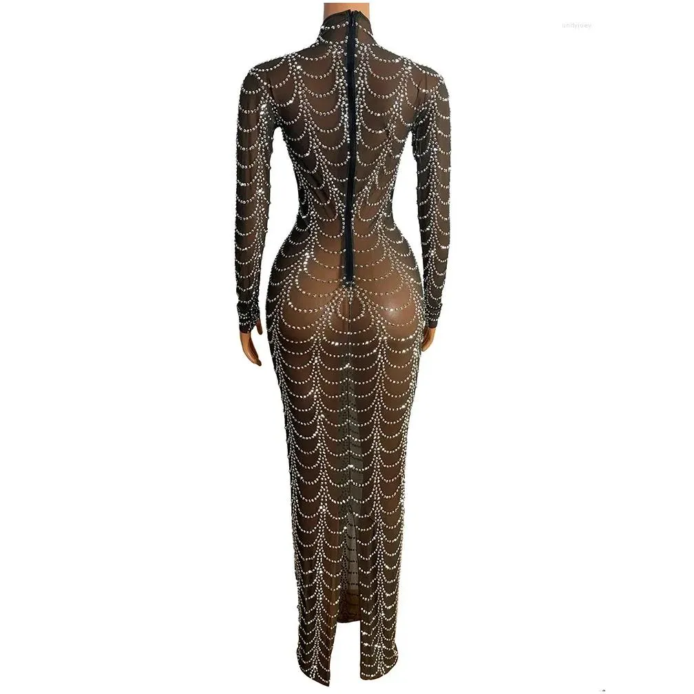 Stage Wear Luxury Stretch Tight Fitting Rhinestones Mesh Long Dress Women Singer Model Catwalk Performance Costume Party Birthday