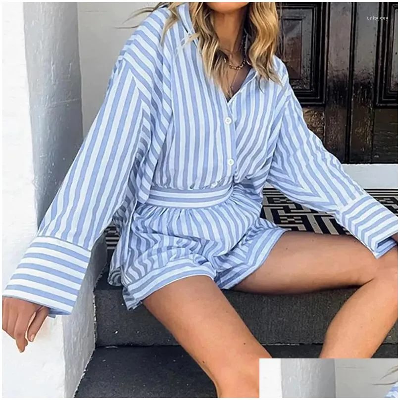 Women`s Tracksuits Spring Summer Long Sleeved Single Breasted Shirt Suit Casual Beach Shorts Outfits Simple Striped Printed 2 Piece