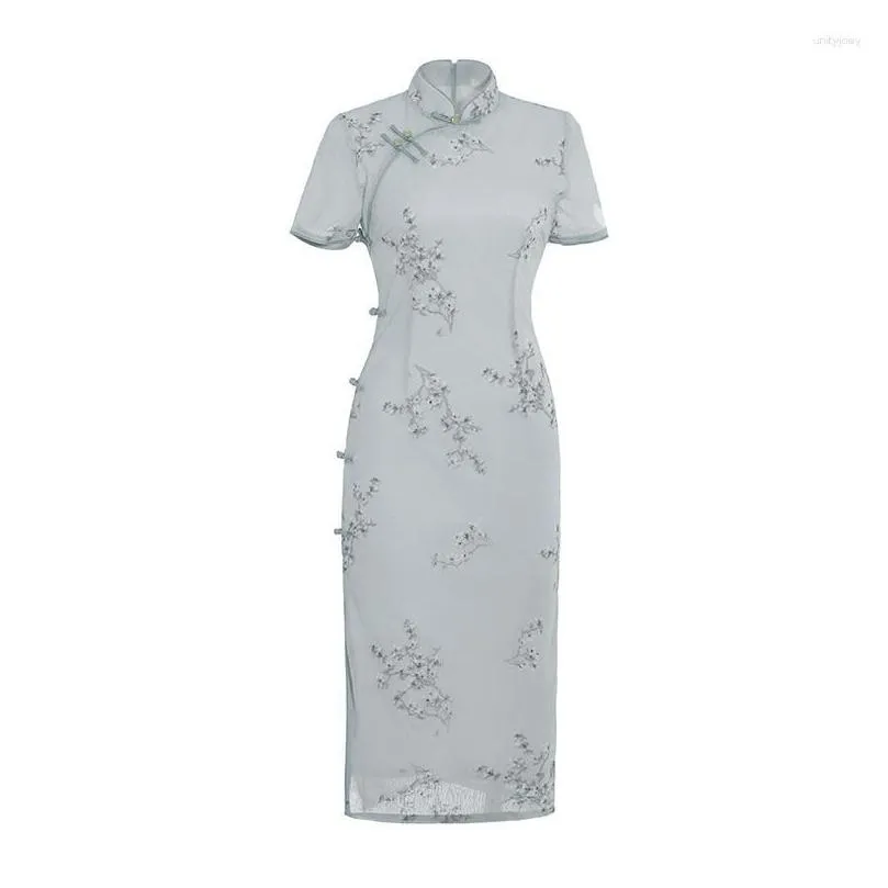 Ethnic Clothing 2023 Summer Gray Sexy Mid-length Cheongsam Simple Fashion Retro Floral Daily Chinese Style Evening Wedding Dress Qipao