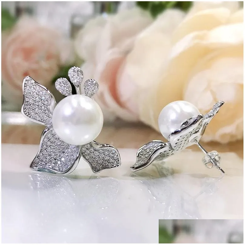 Flower Pearl Diamond Stud Earring 100% Real Sterling Sier Promise Wedding Earrings for Women Bridal Party Jewelry Gift
