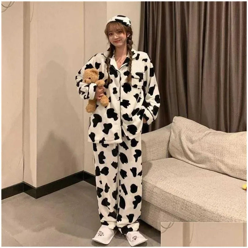 QWEEK Velvet Cow Print Pajama Woman Winter Warm Two Piece Set Sleepwear Pyjama Pour Femme Lounge Wear Trouser Suits thicken