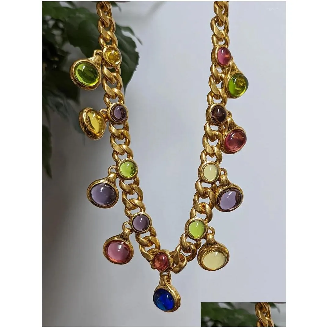 Pendant Necklaces European And American Women Vintage Court Style Color Jelly Glass Gold Short Fashion Collarbone Chain Necklace