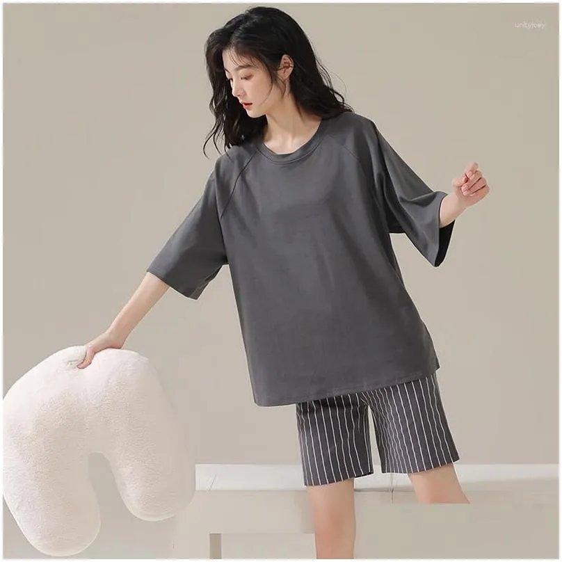 Women`s Sleepwear Knitted Cotton Pajamas Double Short Suit 2023 Summer Short-sleeved Shorts Casual Simple Stripe Fashion Home