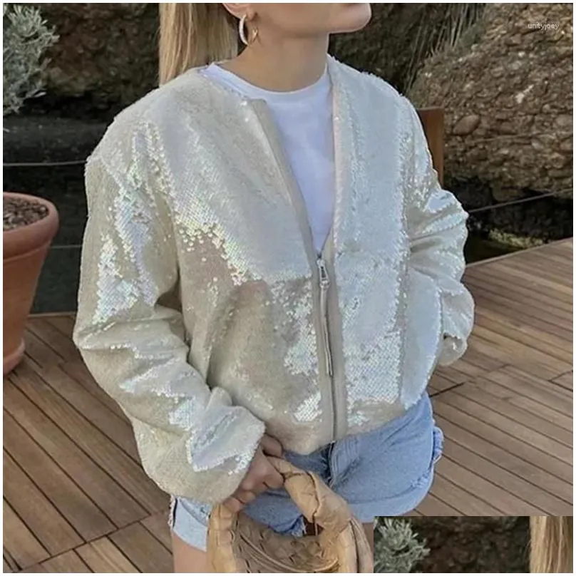 Women`s Jackets Autumn Streetwear Short Outerwear Casual O Neck Zippered Baseball Jacket Women Fashion Shiny Sequin Long Sleeved Slim