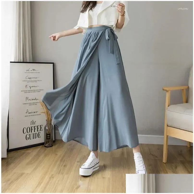 Women`s Pants 2024 Spring Summer Style Korean Women Pleated Chiffon Trousers High Waist Hakama Casual Wide Leg Pantalones