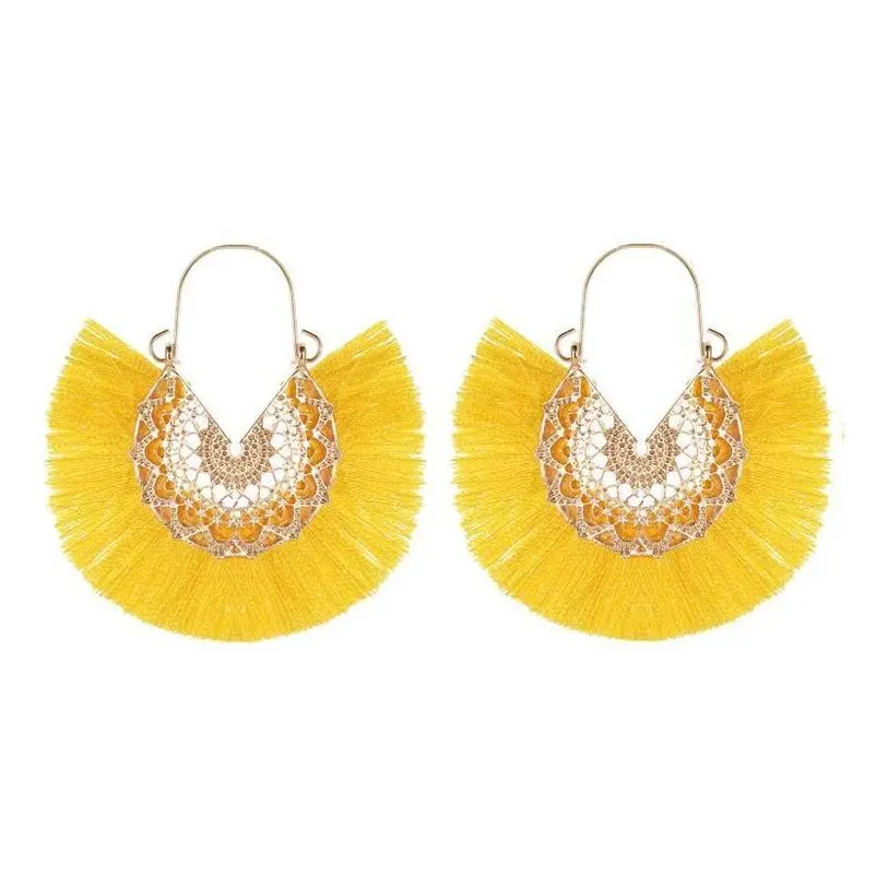 NEW Ethnic Style 10 Colors Fan Shape Tassel Pendant Earrings Dangle Hollow Alloy Fringe Eardrop Charm Ear Hooked Women Earring Jewelry