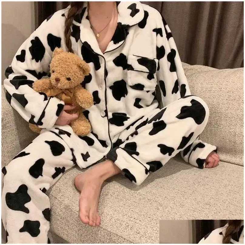 QWEEK Velvet Cow Print Pajama Woman Winter Warm Two Piece Set Sleepwear Pyjama Pour Femme Lounge Wear Trouser Suits thicken