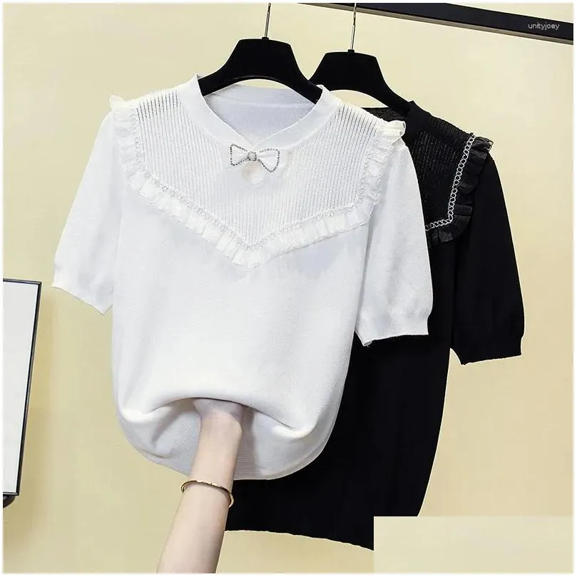 Women`s Sweaters Bow Jacquard Sexy Sweater Tops Women 2023 Summer Short Sleeve O-neck Pullover Jumpers Vintage Elegant Fashion Chic