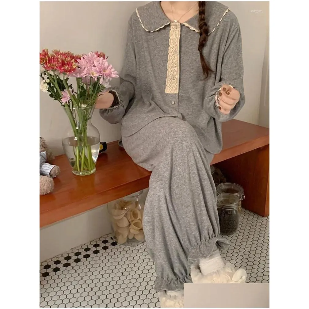 Women`s Sleepwear Home Warm Princess Kawaii Nightgown Solid Simple Long Sleeve Pajama Set Women Winter Girlish Style Casual Elegant