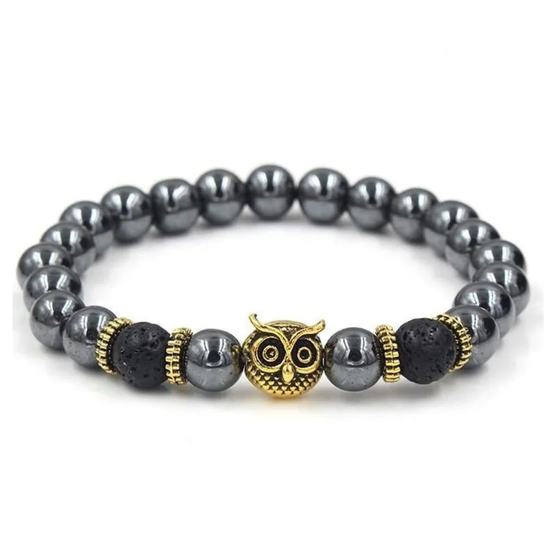 Black Hematite Beaded Strands Stone Lava Rock Bracelets Alloy Gold Plated Silver Skull  Owl For Women Men Bracelet