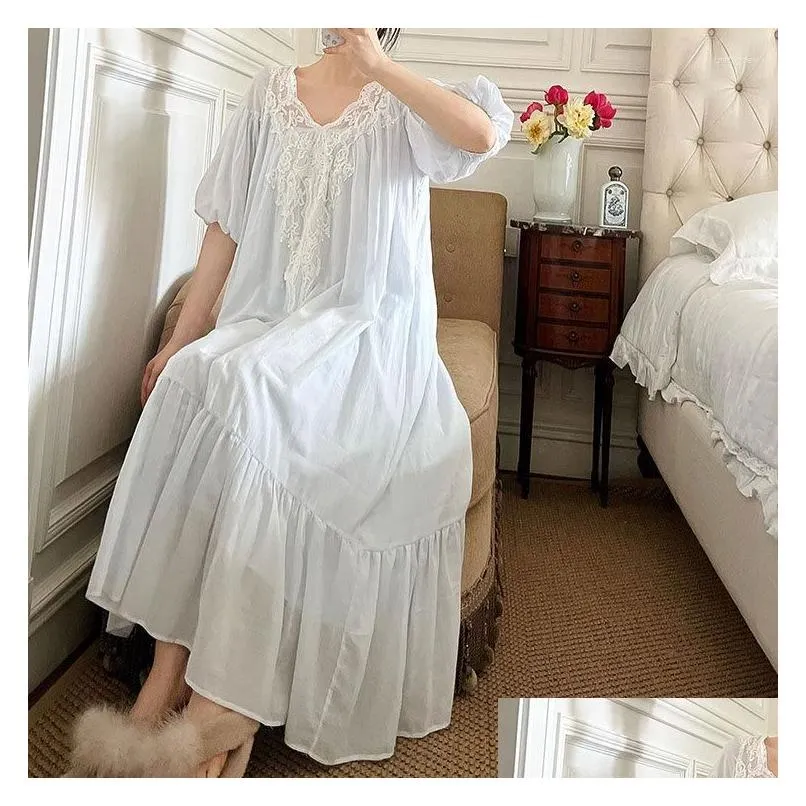 Women`s Sleepwear Vintage Women French Style Lace Dress Ladies Short Sleeves V Neck Nightgowns Cotton Long Nightdress Nightie